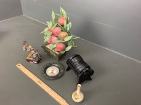 Small satsuma vase, 1940s  butterfly ashtray (Japan), wooden drink coasters in rack, lucky Chinese money tree,  plum bonsai tree. - 3