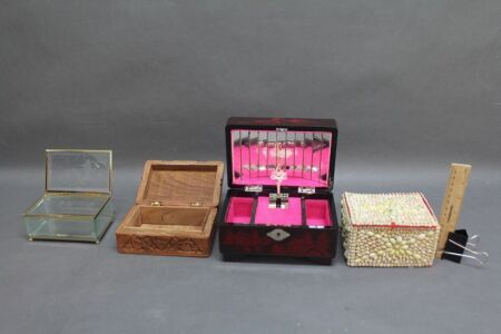 4 Assorted Jewllery Boxes - Musical Laquerware, Shell, Sandalwood & Bevelled Glass