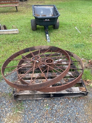 2 large steel plough wheels