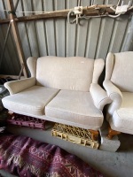 Cream material 2 seat sofa with 2 arm chairs. (Damaged) - 2