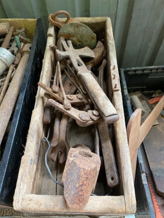 Wooden box of mixed vintage tools