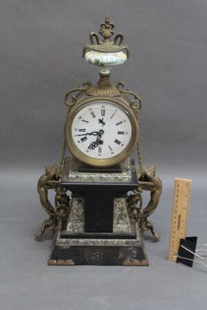 Antique Brass & Marble Mantle Clock with Brass Mermaids to Side - As Is
