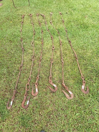 Hand-forged bullock chains (offering per ea.) - group quantity lot (lots 55, 56, 57, 58, 59, 60) - high bidder is given the choice of buying consecutive lots in group at winning bid price - note lot 60 has one busted hook