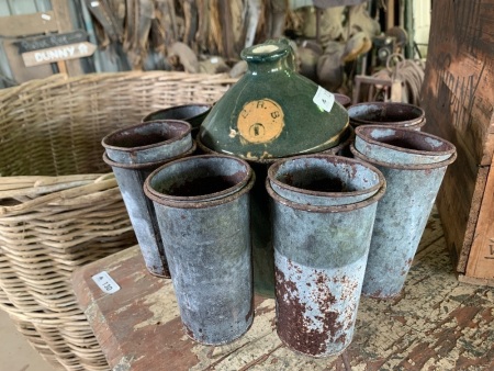 Vintage E.R.B stoneware jug in wire frame with 8 tin drinking cups