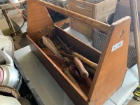 Timber tradesman toolbox with garden shears etc