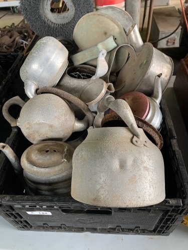 Assorted aluminium and tin teapots