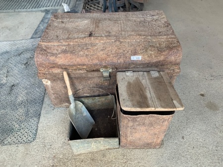 Tin storage chest and 2 tins + fireplace shovel