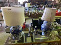 2 asian style, blue, and white table lamps