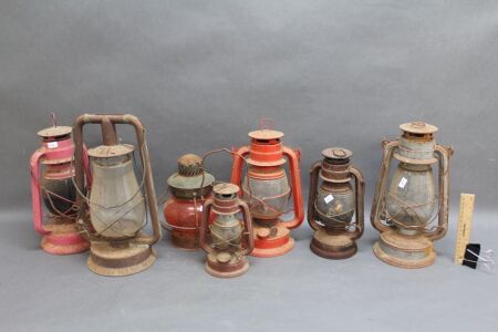 Wooden Crate with 7 Vintage Storm Lanterns