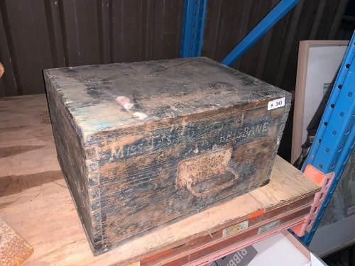 Antique wooden storage box with metal handle - needs minor repair