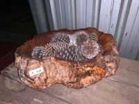 Large Burl wood bowl with pine cones