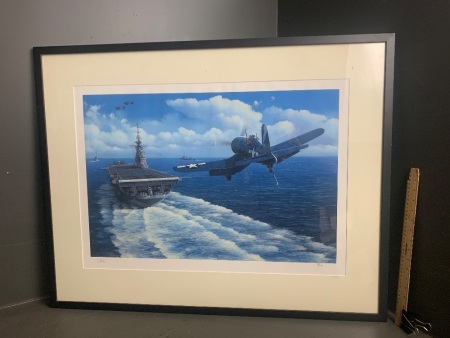 Large framed limited edition print (96/950) of plane coming into land on aircraft carrier - signed Vokes