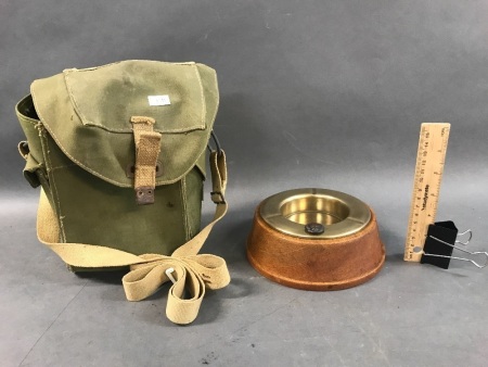 Vintage Brass Trench Art Ashtray in Oax Base and Canvas Army Bag