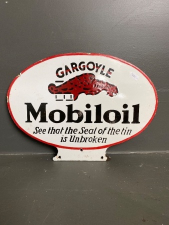 Original Gargoyle Mobil-oil keyhole shape enamelled porcelain sign " See that the seal of the tin is unbroken" an uncommon size and shape