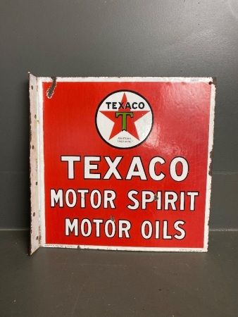 Texaco Motor Spirit Motor Oils double sided wall mount (46x46 cm) Original enamel sign stamped A Simpson & Sons Ltd Adelaide. Property of the Texas Company (Australasia) Ltd