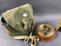 Vintage Brass Trench Art Ashtray in Oax Base and Canvas Army Bag - 2