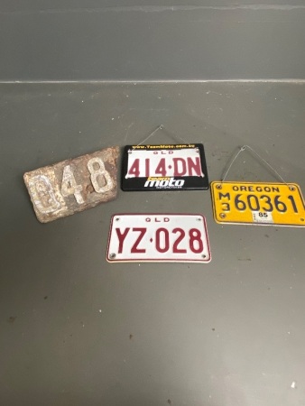 Part of very early Queensland rego plate with cast aluminium Q48. A 1984 Oregon motorcycle plate + 2 Qld motorcycle plates.