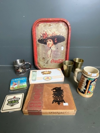 Mixed bar pack 2 gold look cups, coasters, German beer mug Grizele, scull mug, CocaCola tray, 2 cigar boxes