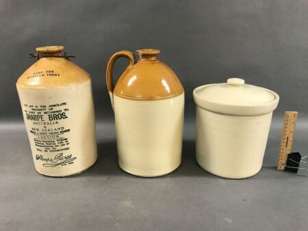 Collection of 3 Stoneware Salt Glazed Vessels. 2 Flagons & 1 Lidded Pot