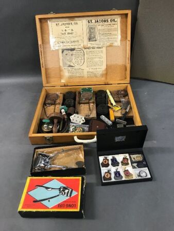 Box Lot of Asstd Collectables inc. Medals, Plugs, Clippers etc