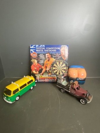 Official competition Bristle Dartboard Harrows Dart technology, novelty toilet roll holder, Redneck wooden truck, plastic Kombi van