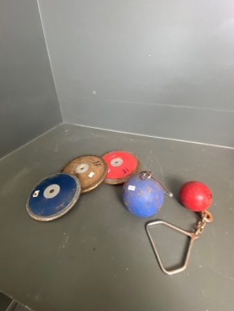 3 vintage discus and 2 throwing hammers