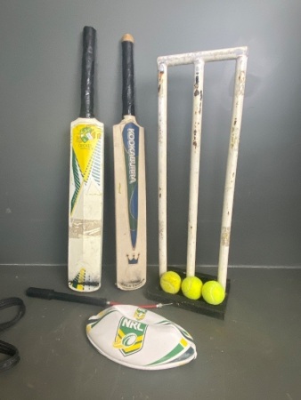 Beach cricket set inc Kookaburra bats(2), metal stumps, NRL ball, ball pump in a leather rifle case