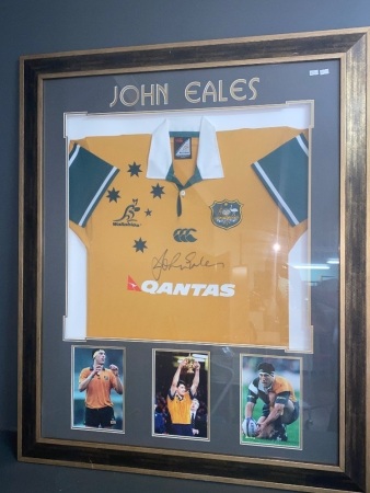 Large framed signed John Eales Wallabies jersey with 3 photos