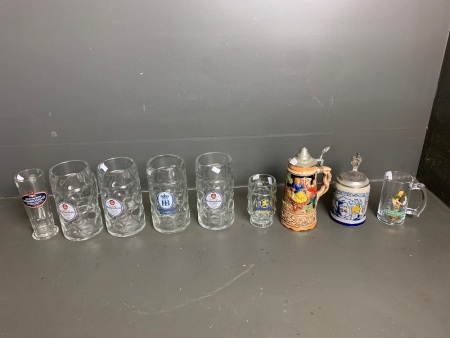 4 x 1lt German glass steins, 1 x salt glazed stein, musical stein and 3 beer mugs