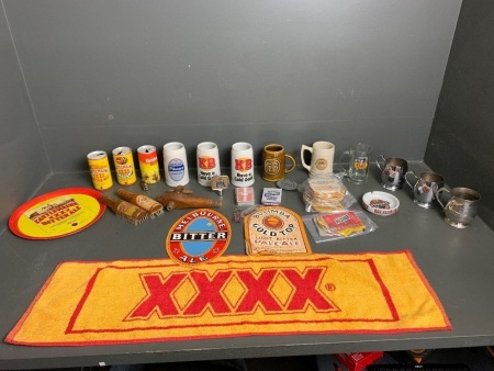 Large assorted bar lot in. Ceramic, glass and stainless steel mugs, tin cans, playing cards, bar mat, coasters etc.