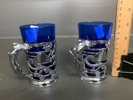 2 x art deco colbolt blue glass/silver chrome cups