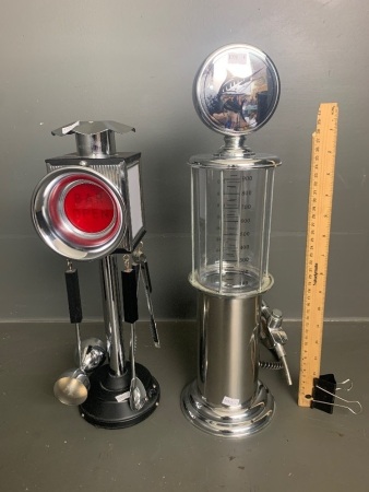 2x vintage novelty / 1 x bar light with bar tools. 1 x fuel bowser drink dispenser