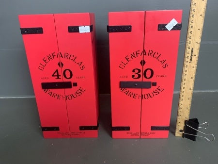 30 and 40 yr old red warehouse display boxes from Glenfarclas - bottles inside sadly empty