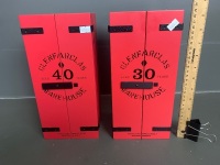 30 and 40 yr old red warehouse display boxes from Glenfarclas - bottles inside sadly empty