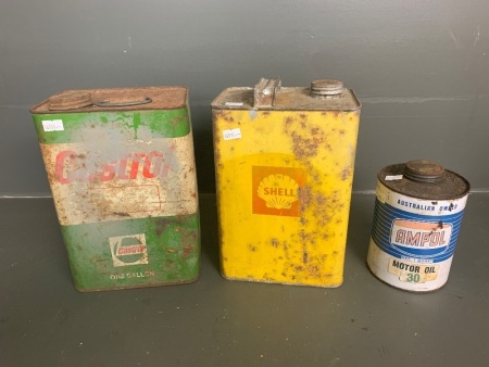 1x SHELL 1 gallon fuel cans, 1x CASTROL 1 gallon fuel cans and 1x AMPOL 1 quart motor oil can