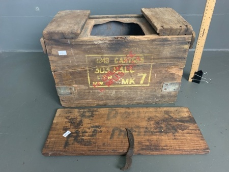 Antique wooden 303 ammunition box with tin insert (for civilian use only) + marked wooden panel