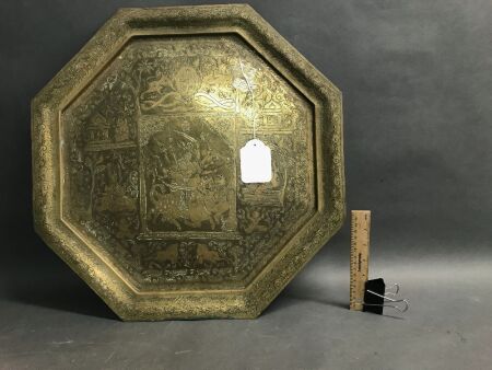 Finely Incised Large Brass Octagonal Tray C1930's with Indian and Empire Motifs