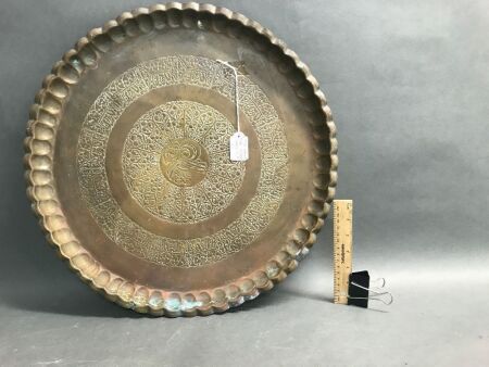 Large Vintage Middle Eastern Brass Tray. Round with Scalloped Edge