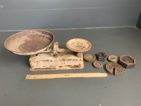 Antique Balance Scales + assorted weights