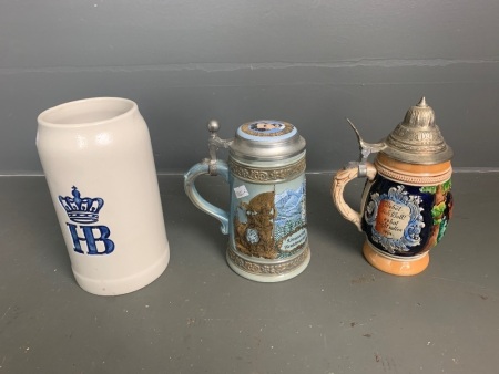 1x large Vintage Hofbrauhaus Munchen HB beer stein, GERZ Germany Ludovicus II Bavrial Rex beer stein, med  Germany stein mug "Behiit dich Bolt! eshat nicht sollen" stein stamped 1196.