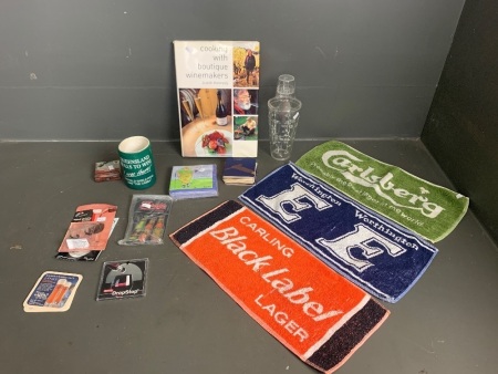 Mixed bar pack. Coasters, bar mats, cooler, cookbook 'Cooking with Boutique winemakers', Boags magnets and bottle pourers