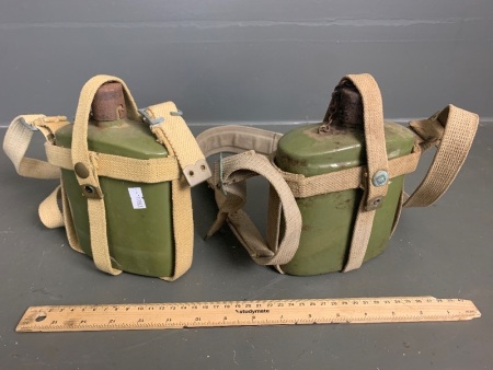 2 x Old army water canteens green with shoulder straps