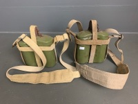 2 x Old army water canteens green with shoulder straps - 2