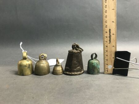 5 Assorted Ancinet Bronze Temple Bells - Burma