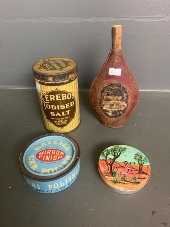 Hand painted Jabbeco tin, Chilworth medium grade gunpowder tin, Kayesel car polish and Cerebos Iodised salt tin