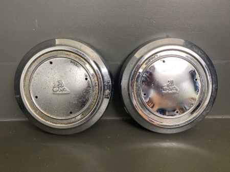 2 x GENERAL MOTORS HOLDEN chrome hubcaps with embossed lion C1970's