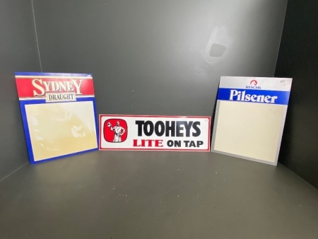 Reschs Pilsner 1980's sign plastic (380x510), Sydney Draught plastic sign (380x510) and Tooheys Lite on tap plastic sign (760x240)