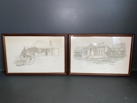 2 x original signed LAWRENCE sketches Debenham's Farm House and The Old Glen Innes & District Hospital