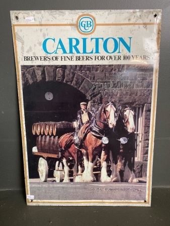 Genuine Vintage CARLTON (CUB) tin sign with Horse & Cart (375x550)