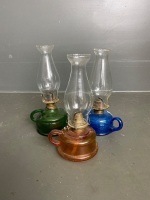 Set 3 beautiful kerosene lamps with handles 1x blue, 1x orange, 1x green (H280)